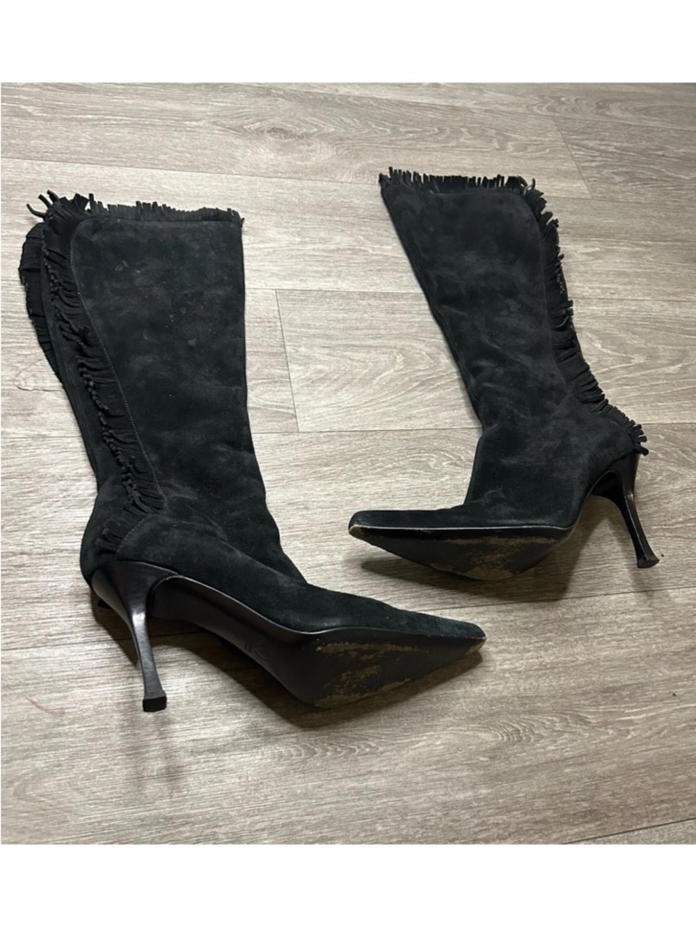 Black Suede Fringe Knee High Boots Italy 9.5 Pointed Stiletto Y2K